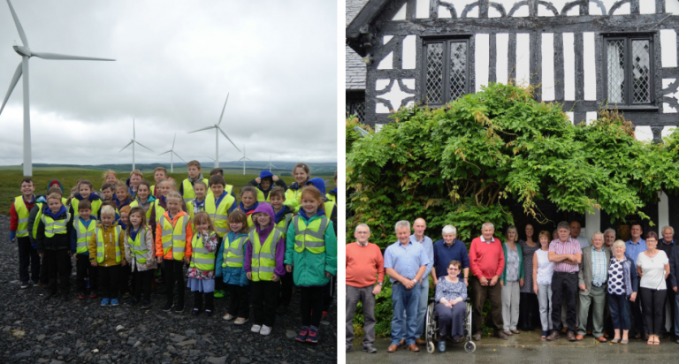 Group of school children at a wind farm