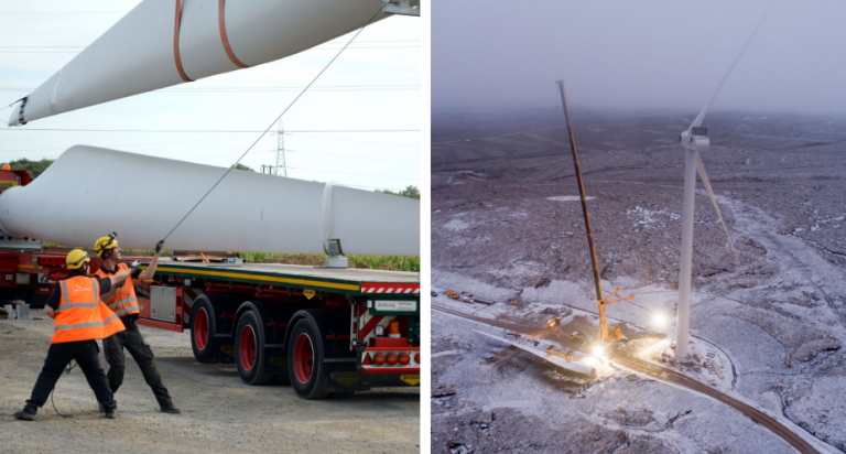 Turbine blade on trailer and a crane